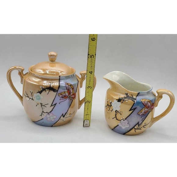 Vtg Hand Painted Japanese Lusterware Set. 3 plates 7 1/4", Sugar Bowl & Creamer - Picture 11 of 14